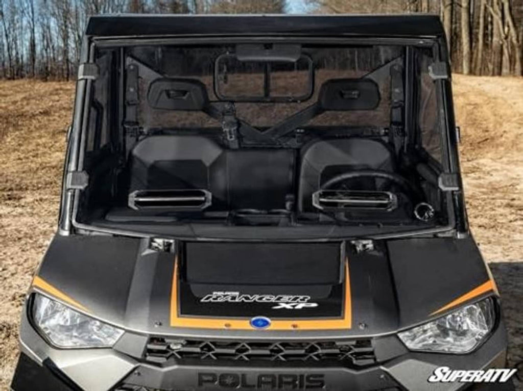Polaris Ranger 1000 front view with dark-tinted full windshield installed
