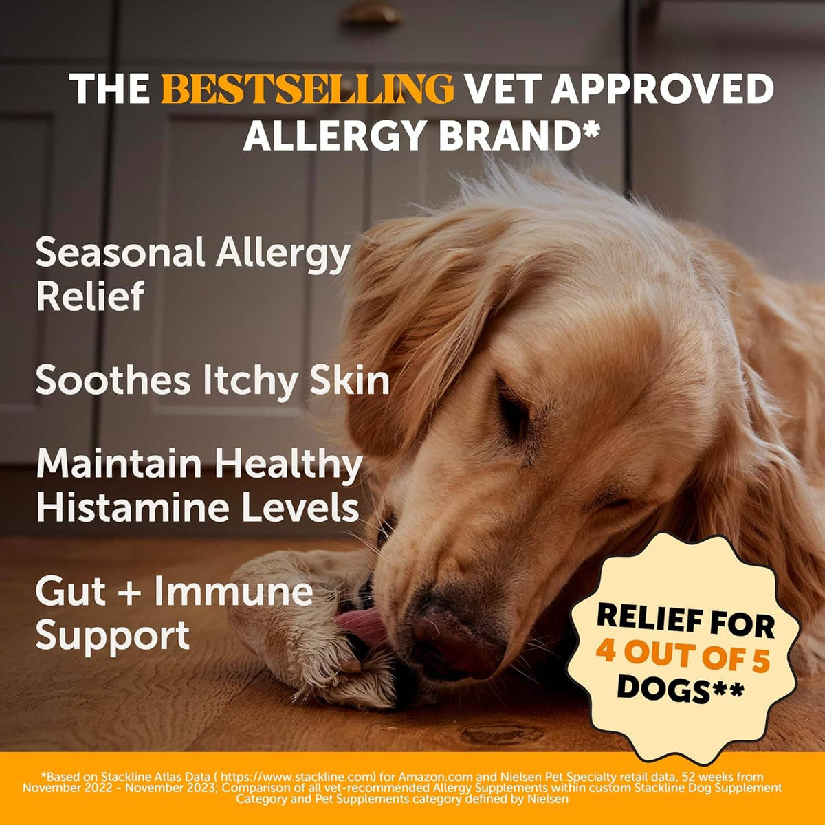 Allergy supplement chews marketing panel with golden retriever and dog relief badge.