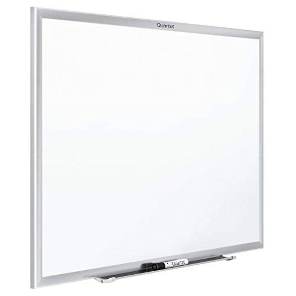 Magnetic dry erase white board with silver frame, marker tray, and Quartet logo