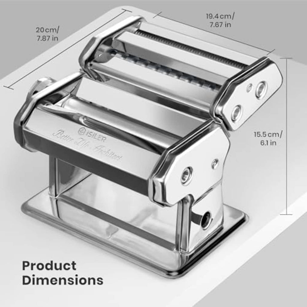Stainless steel pasta maker showing compact tabletop dimensions