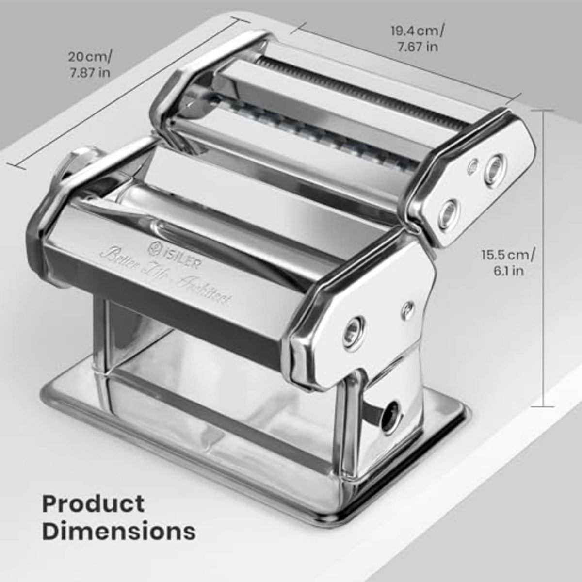 Stainless steel pasta maker showing compact tabletop dimensions