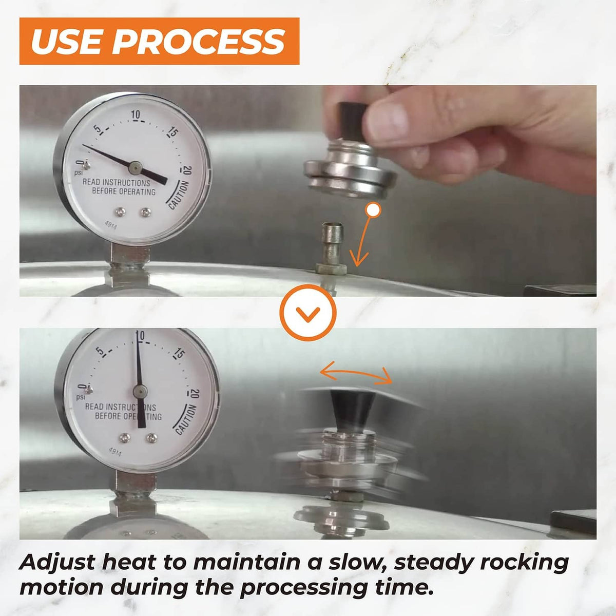 Adjustable pressure regulator weight with black knob attached to pressure cooker.