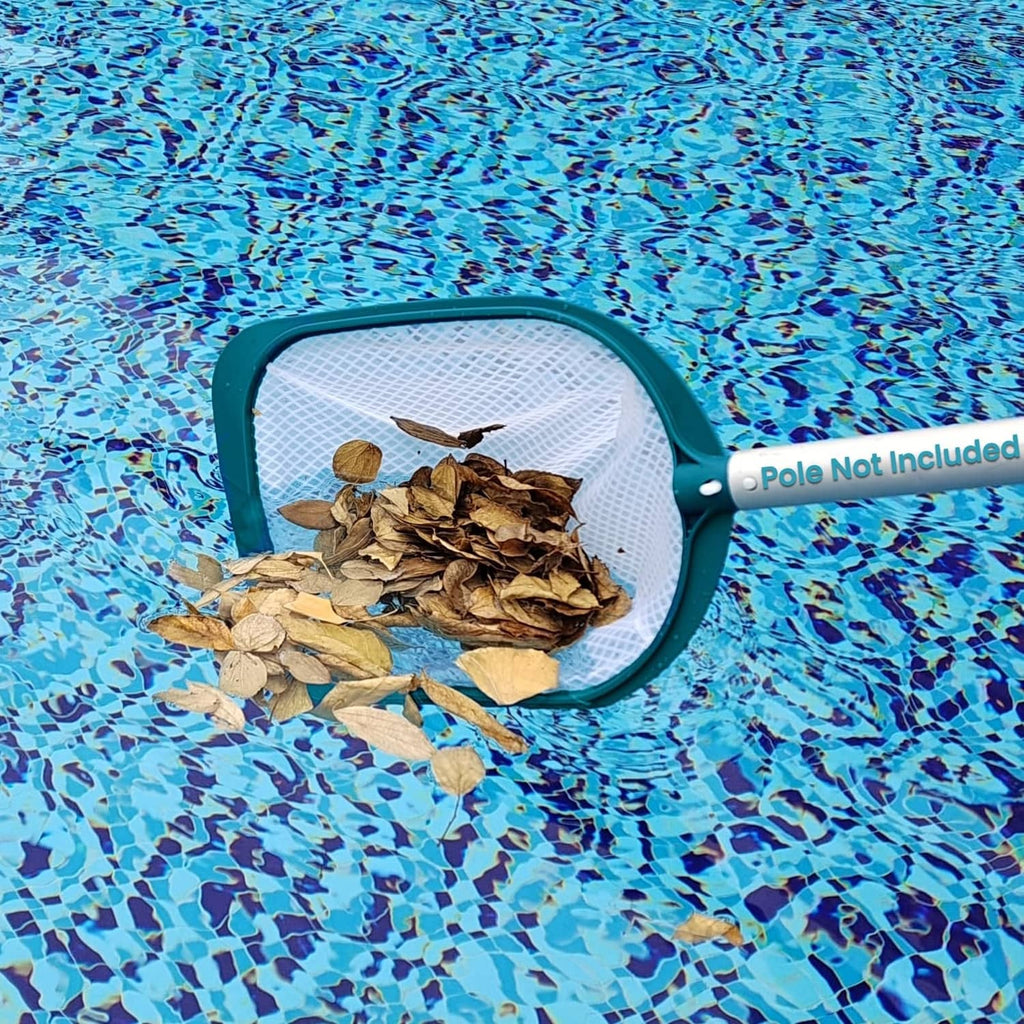 Teal leaf skimmer net with ultra-fine white mesh skimming leaves on pool surface