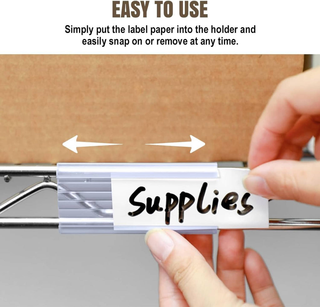 Hand inserting a label card into a clear wire shelf label holder on metal shelf