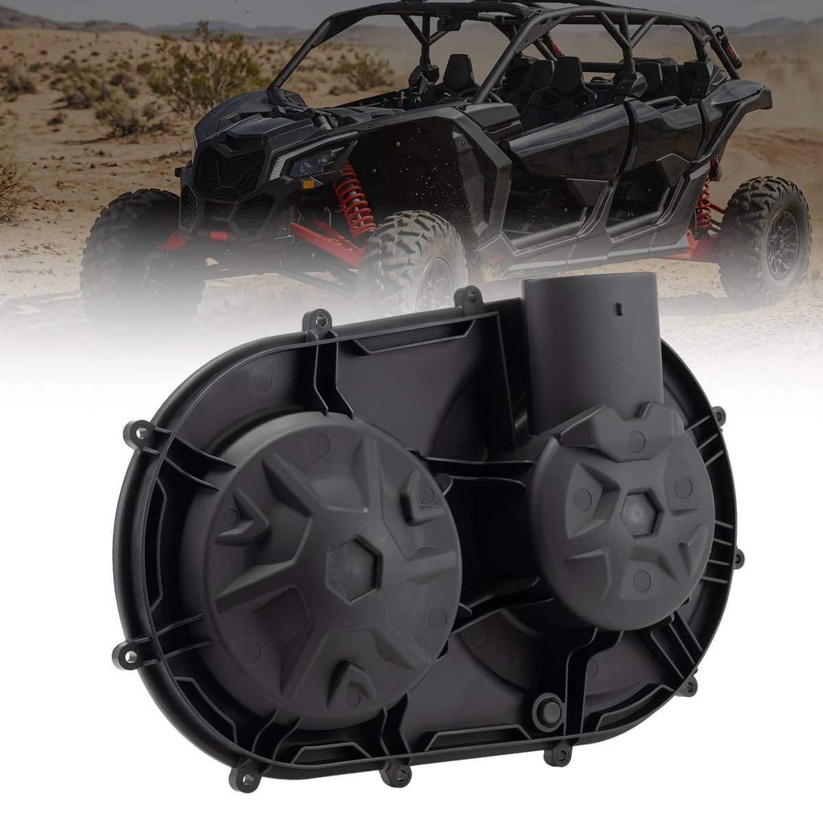 Outer clutch cover on UTV, dark gray dual circular housing with protective grille