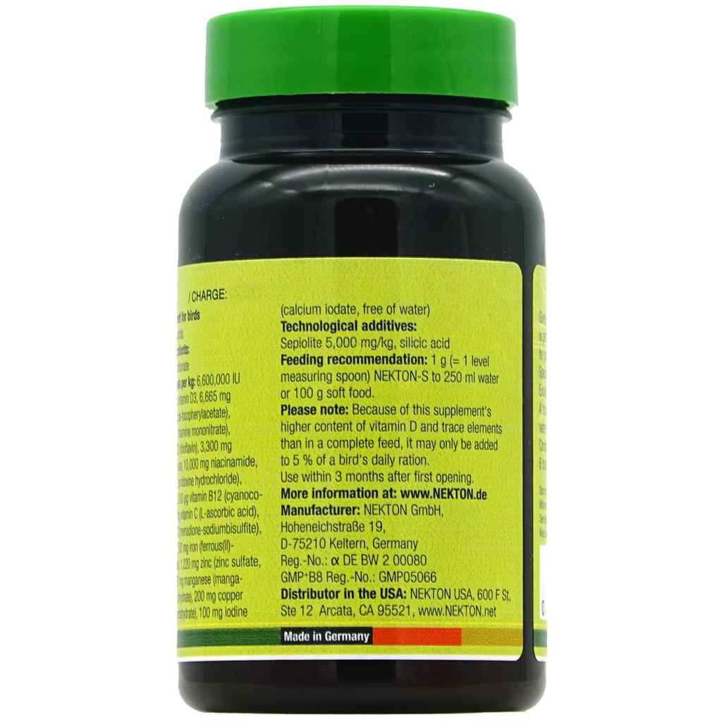 NEKTON-S bird multivitamin supplement bottle side panel with usage details