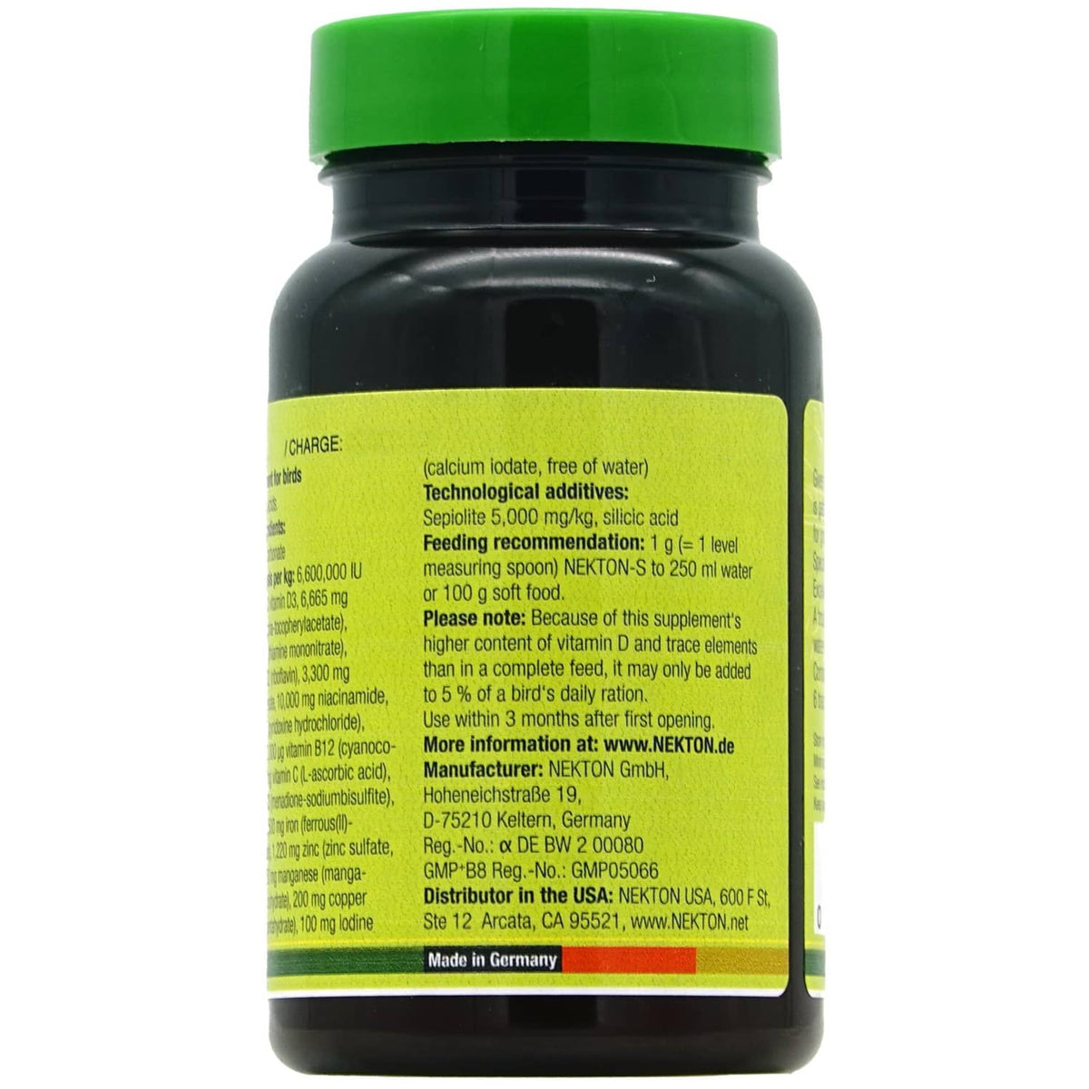 NEKTON-S bird multivitamin supplement bottle side panel with usage details