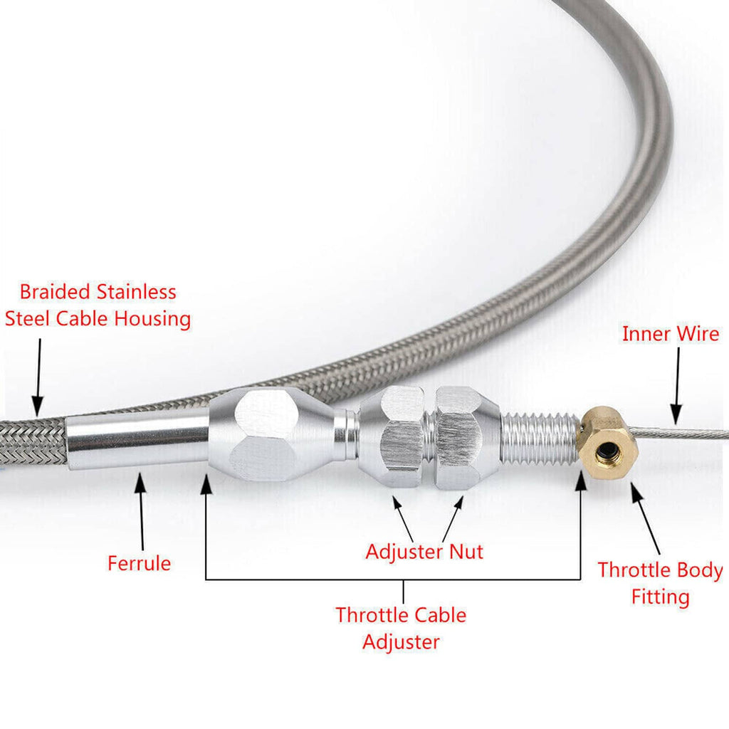 Throttle cable adjuster and threaded ends with braided stainless steel housing
