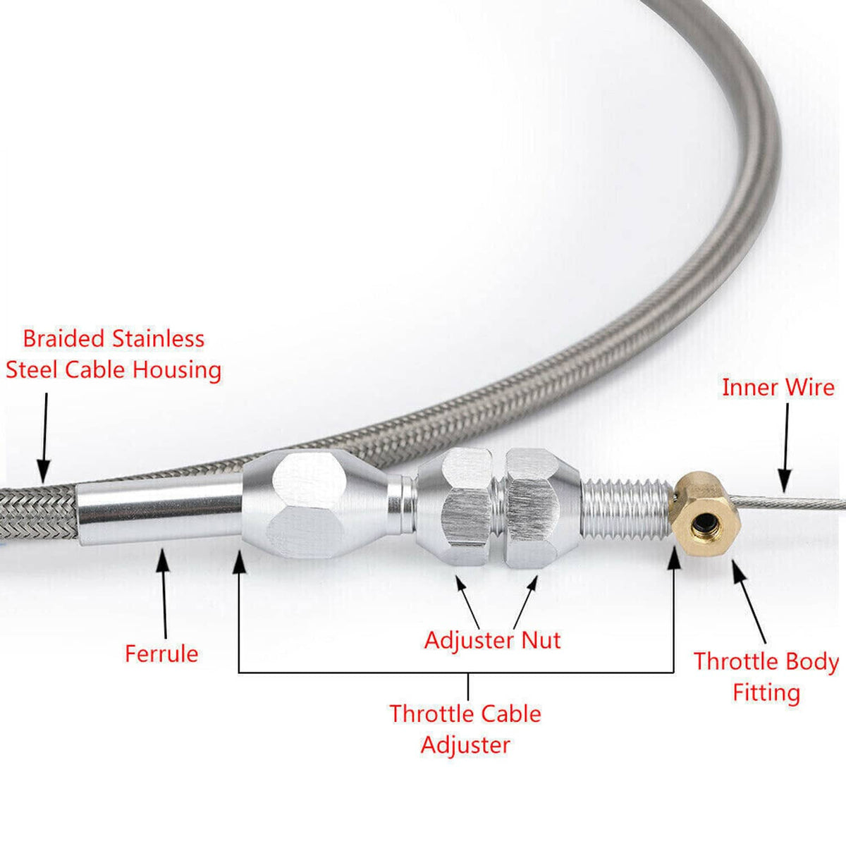 Throttle cable adjuster and threaded ends with braided stainless steel housing