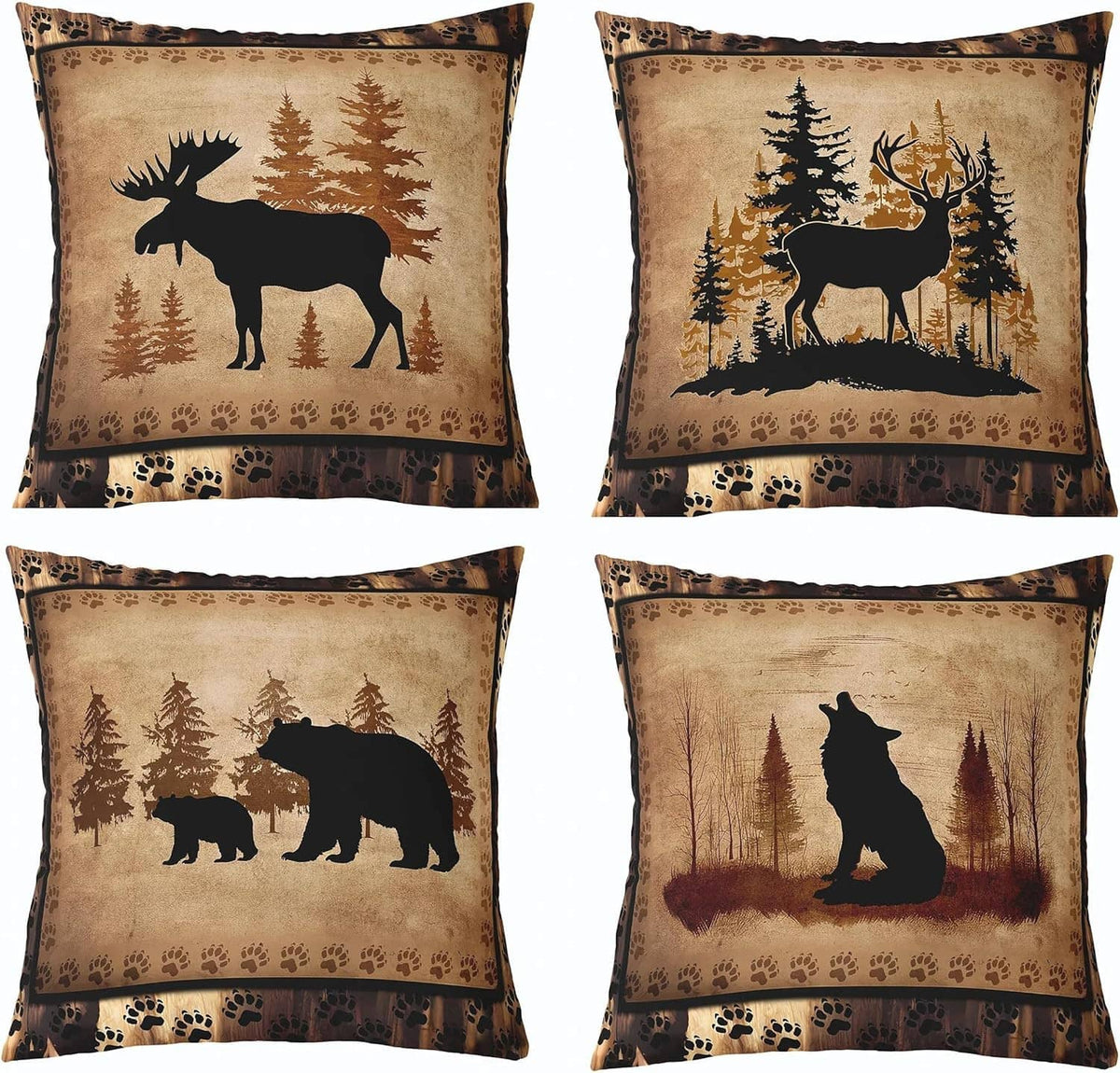 Set of four vintage animal throw pillow covers with woodland graphics and paw print trim