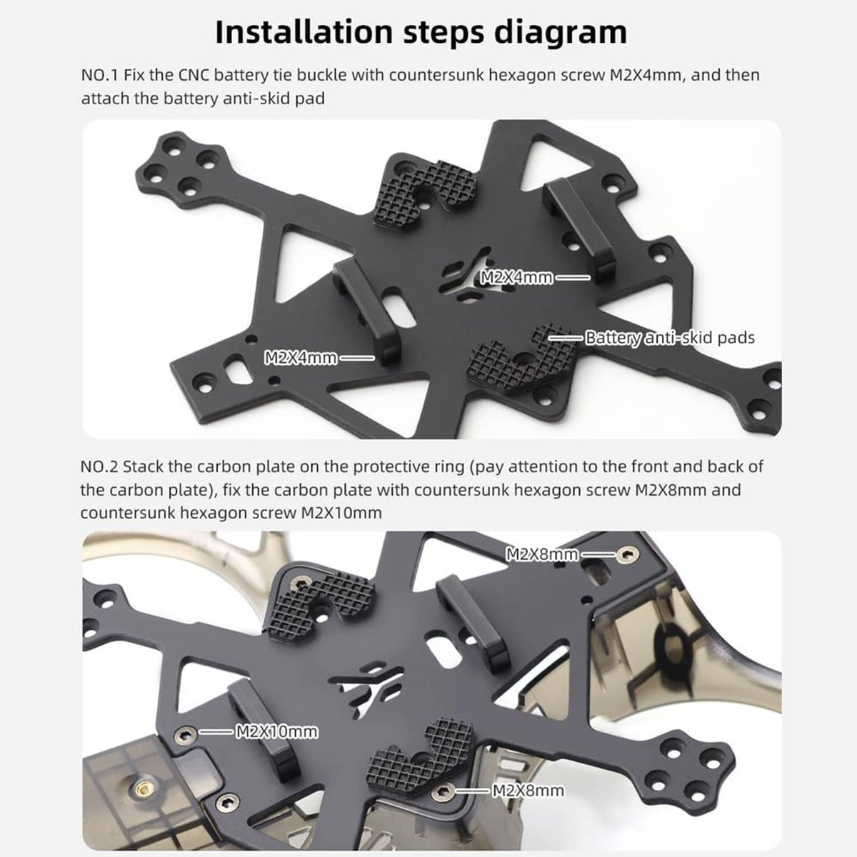 Black cinewhoop FPV drone frame close-up with protective ring and mounting points