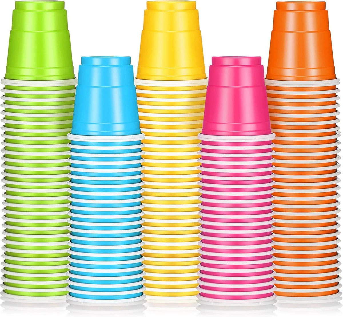 Colorful 2 oz disposable plastic shot cups, 100-pack, with layered cup stacks