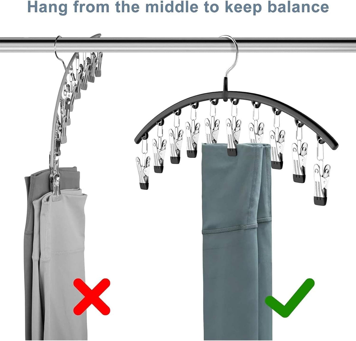Arched legging organizer hanger with clips, showing centered hanging