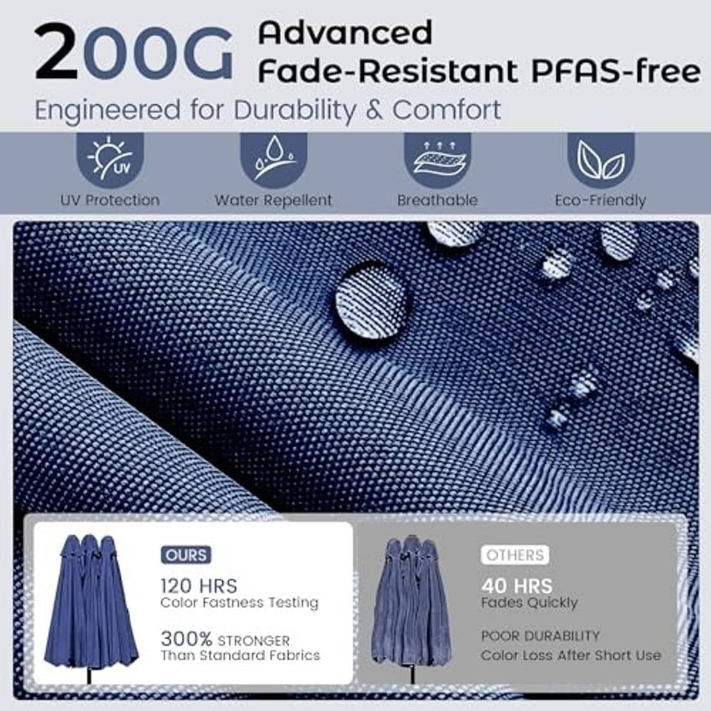 Navy umbrella fabric close-up with water droplets on the canopy surface