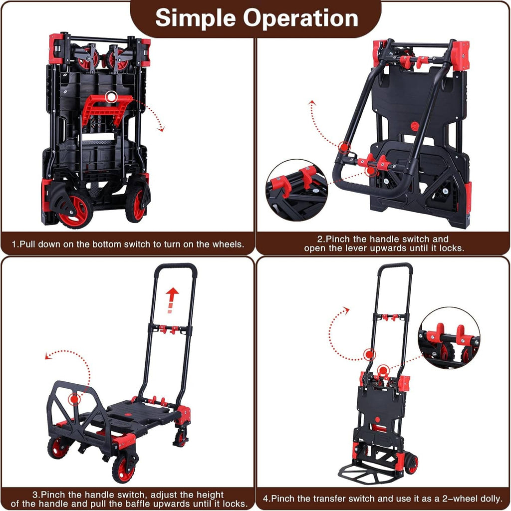 Foldable hand truck dolly with step-by-step switch and lever operation, black and red