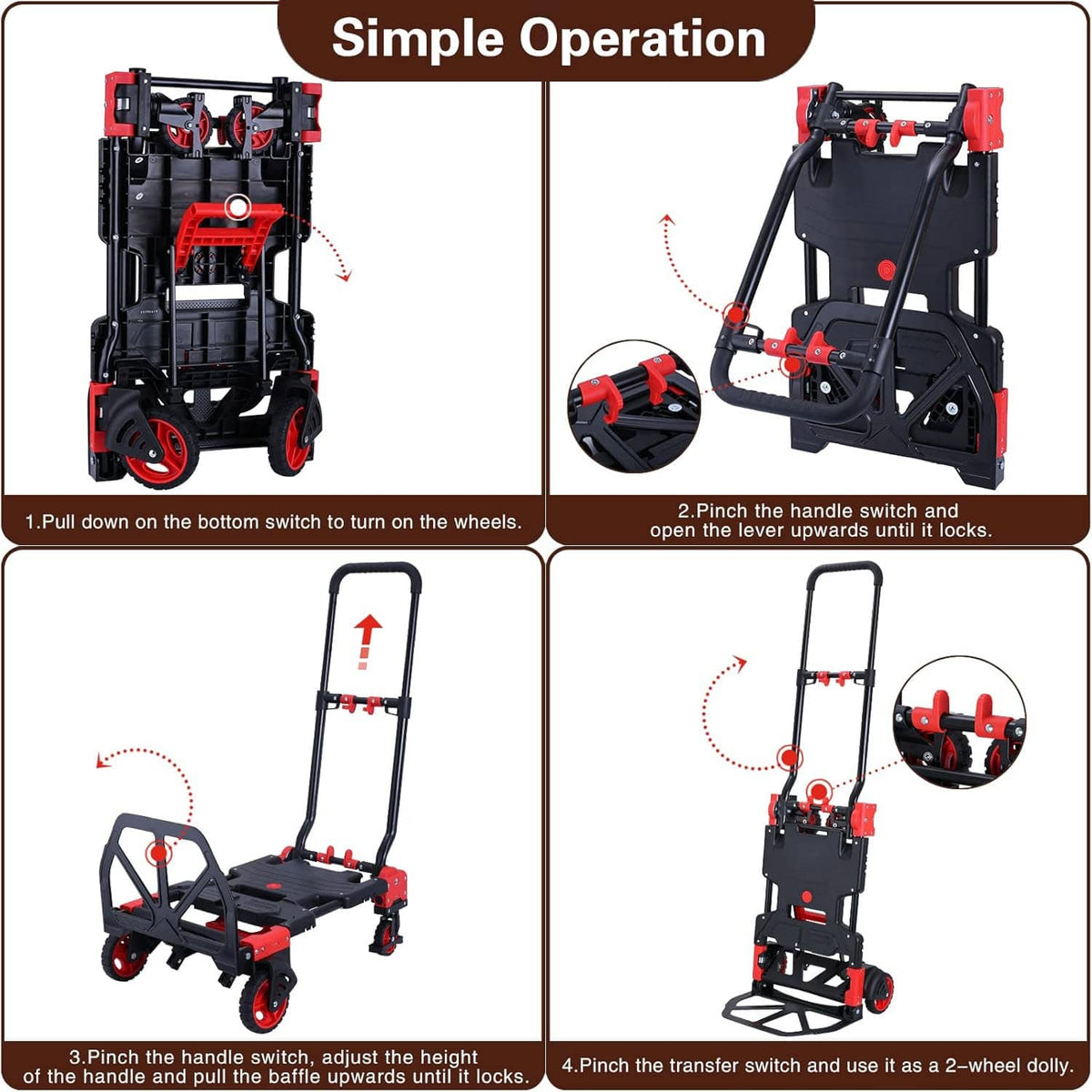Foldable hand truck dolly with step-by-step switch and lever operation, black and red