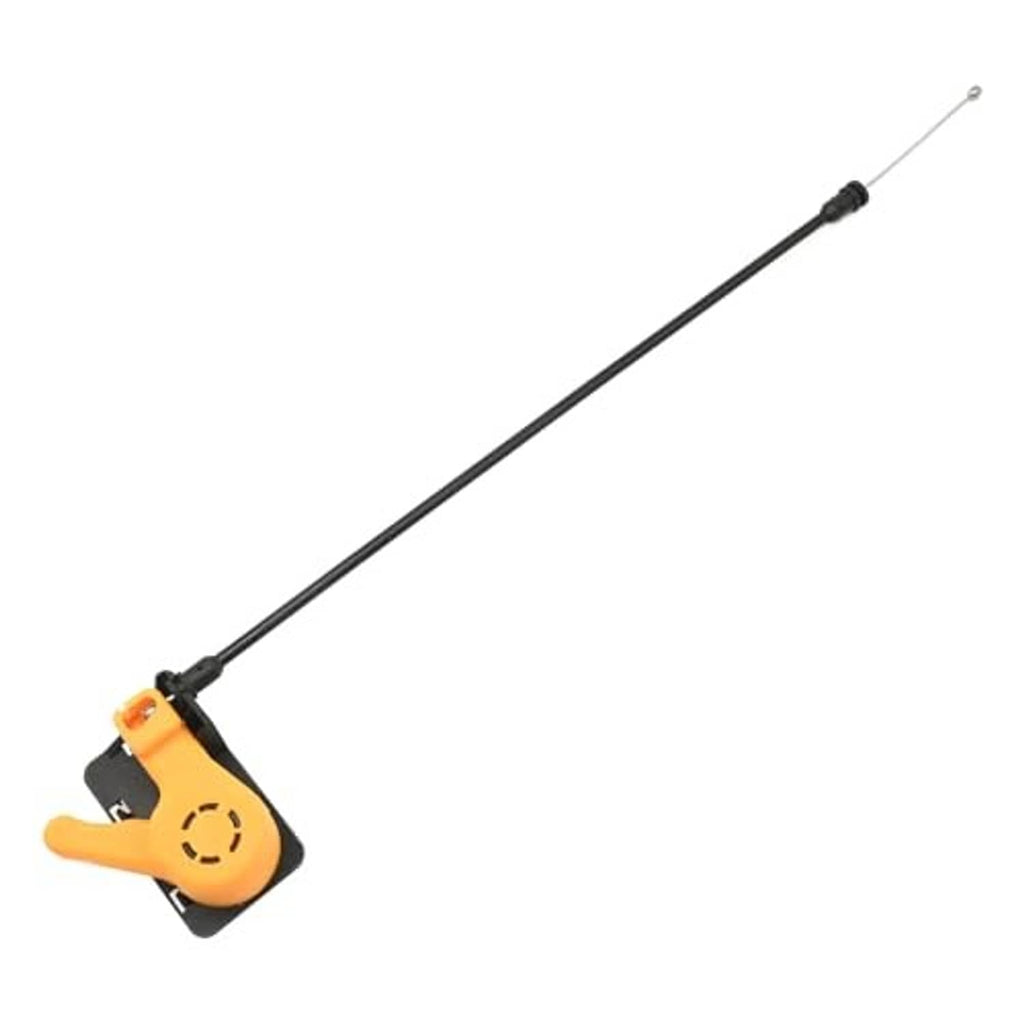 Engine hood release cable with orange handle mount and long black cable, metal wire end