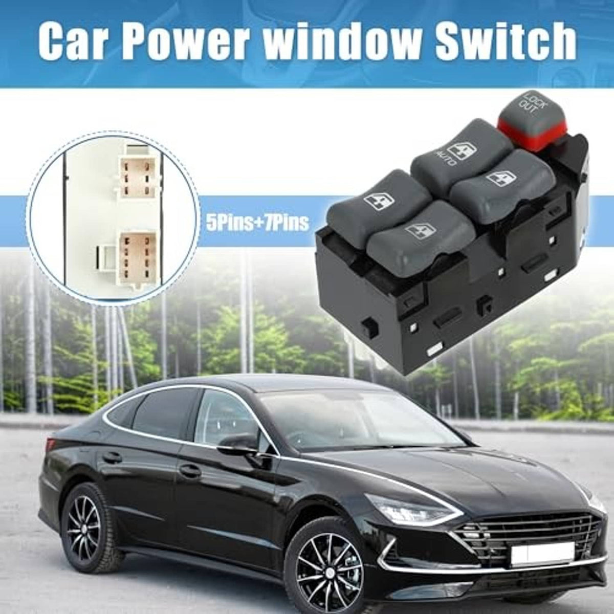 Power window switch with gray rocker pads, red LOCK OUT button, and plug connector