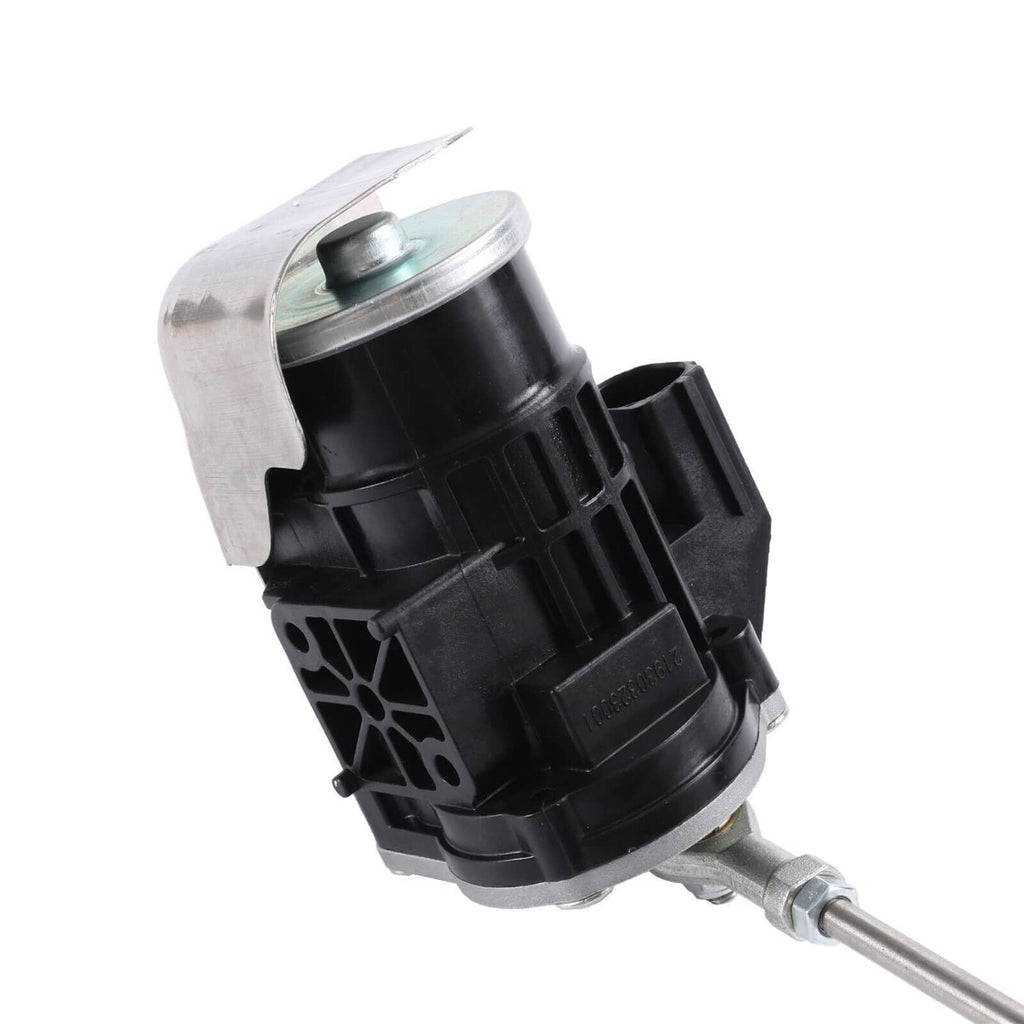Turbo wastegate actuator close-up with silver cap, black housing, and metal push rod
