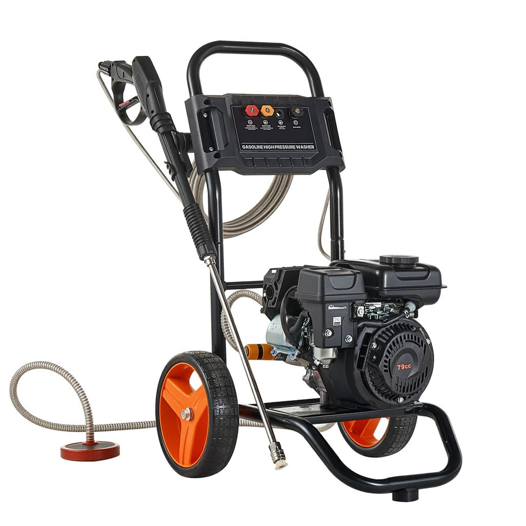Gas pressure washer with wheeled frame, black handle and orange wheels
