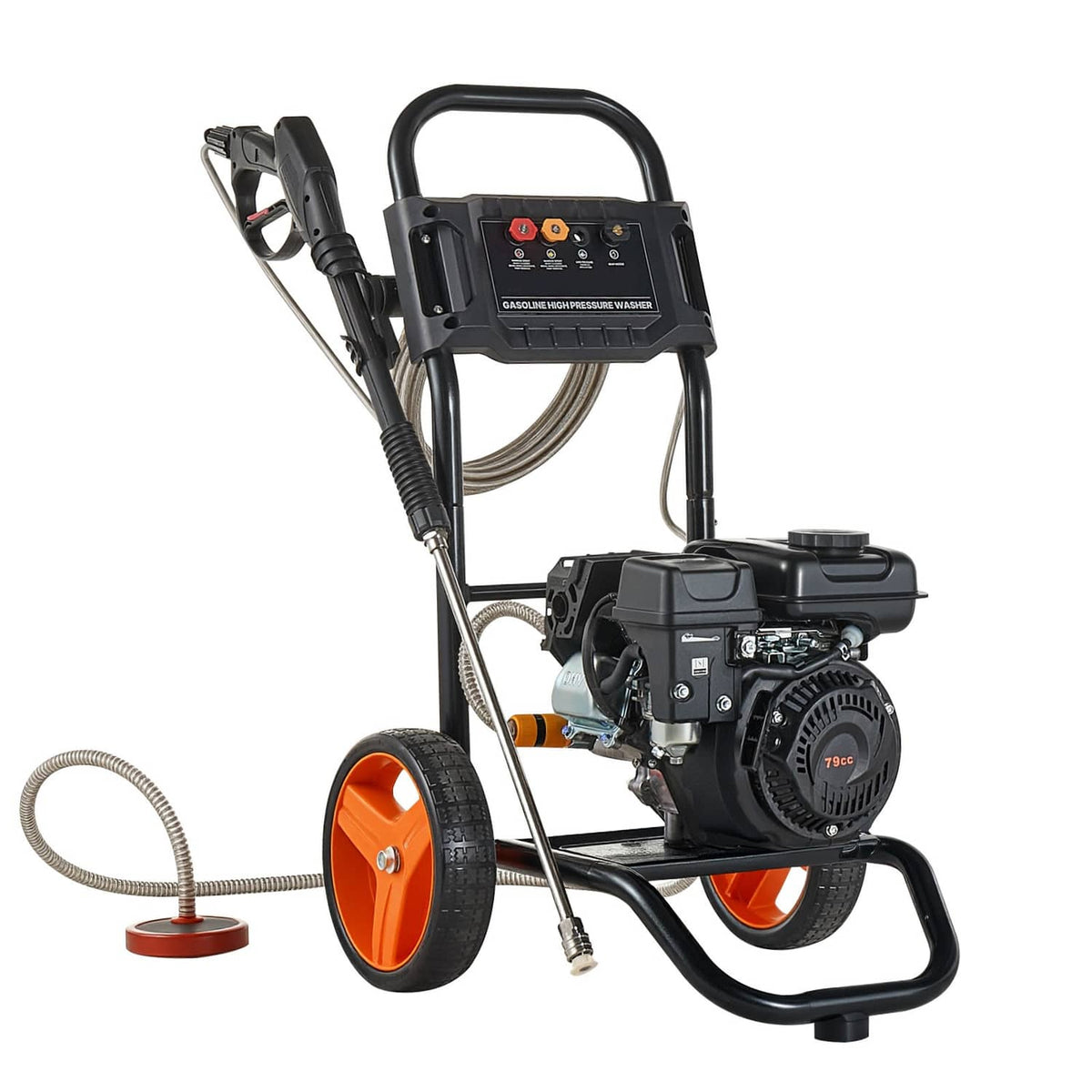 Gas pressure washer with wheeled frame, black handle and orange wheels