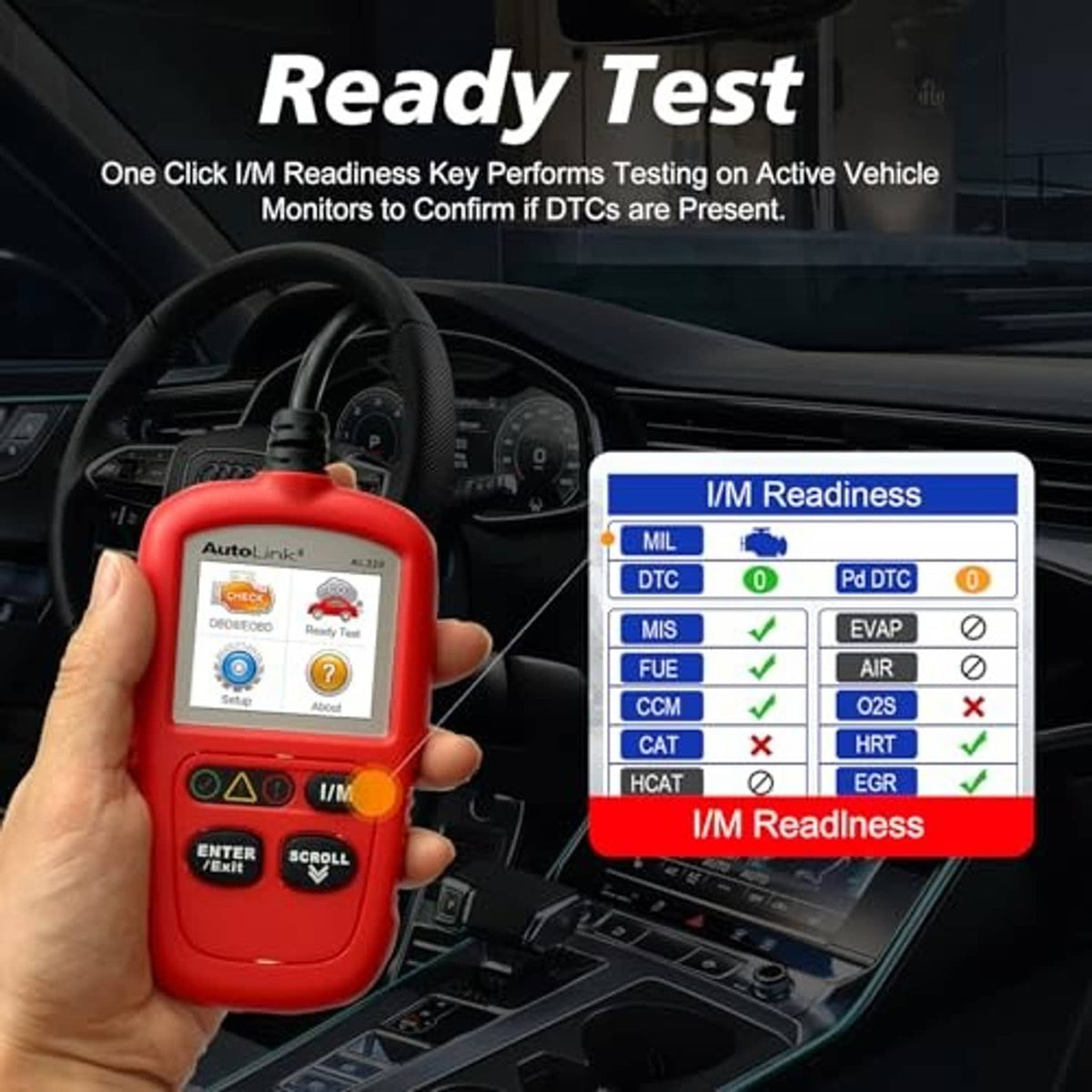 Red OBD2 scanner held in hand, screen showing I/M readiness and DTC status.