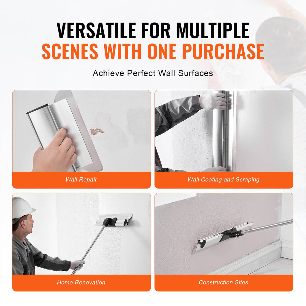 Wall coating scraper set with long extension pole, white blades, and wall repair tools