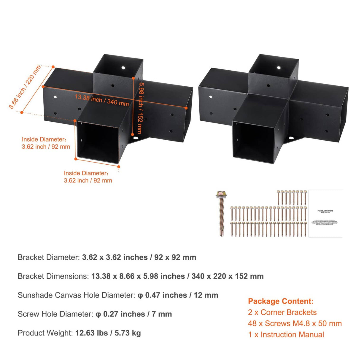 Black 4-way corner bracket kit with dimension markings, mounting holes, and included screws