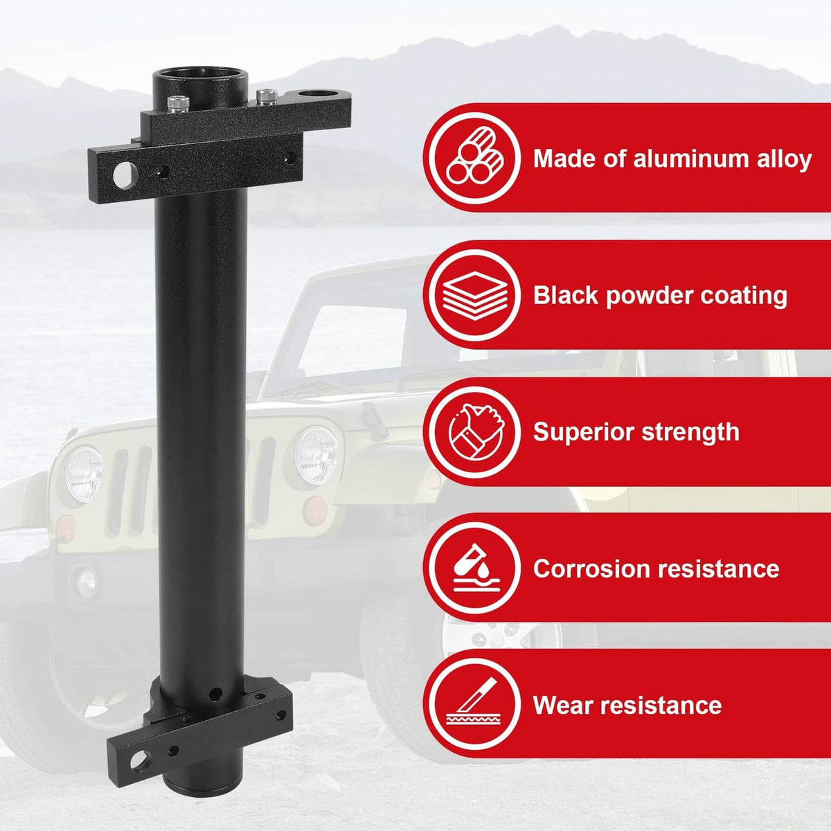 Black powder-coated aluminum alloy mount with corrosion- and wear-resistant pole