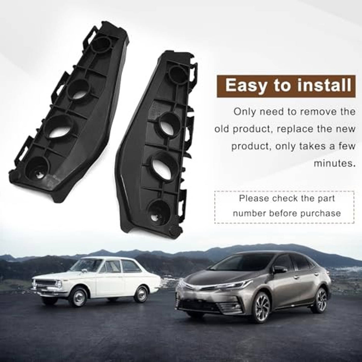 Two black front bumper brackets shown at an angle, molded plastic with circular holes