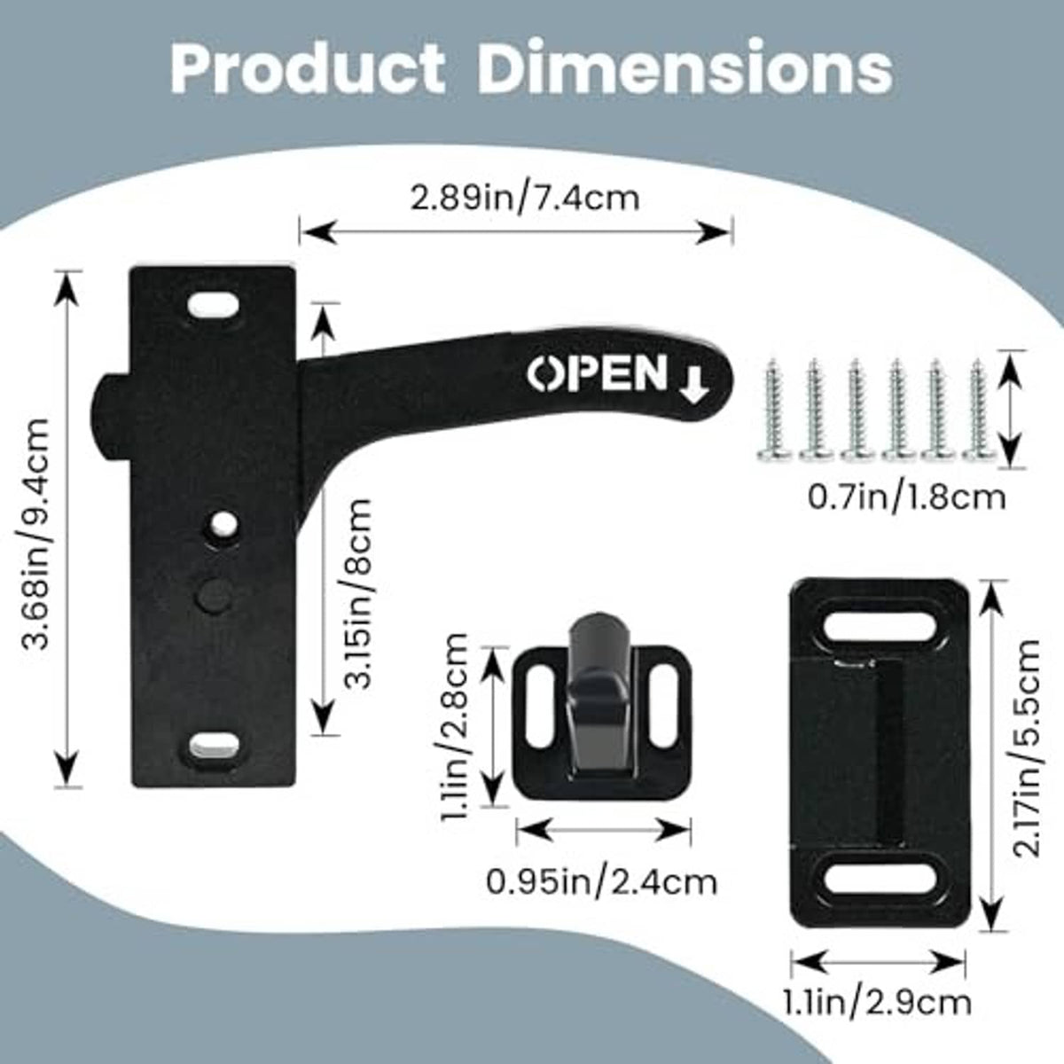 RV screen door lock handle kit with base plate and mounting screws, size chart