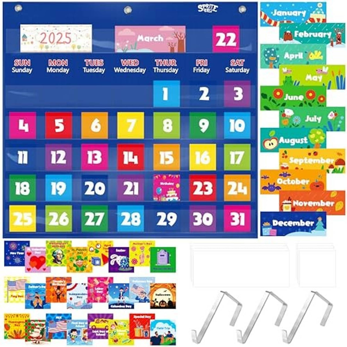 Blue monthly classroom calendar pocket chart with numbered pockets and multiple month pocket cards