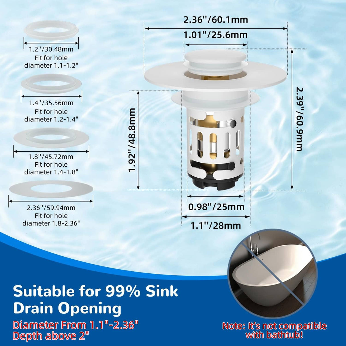 White pop-up sink drain strainer with metal basket and gold core, size view
