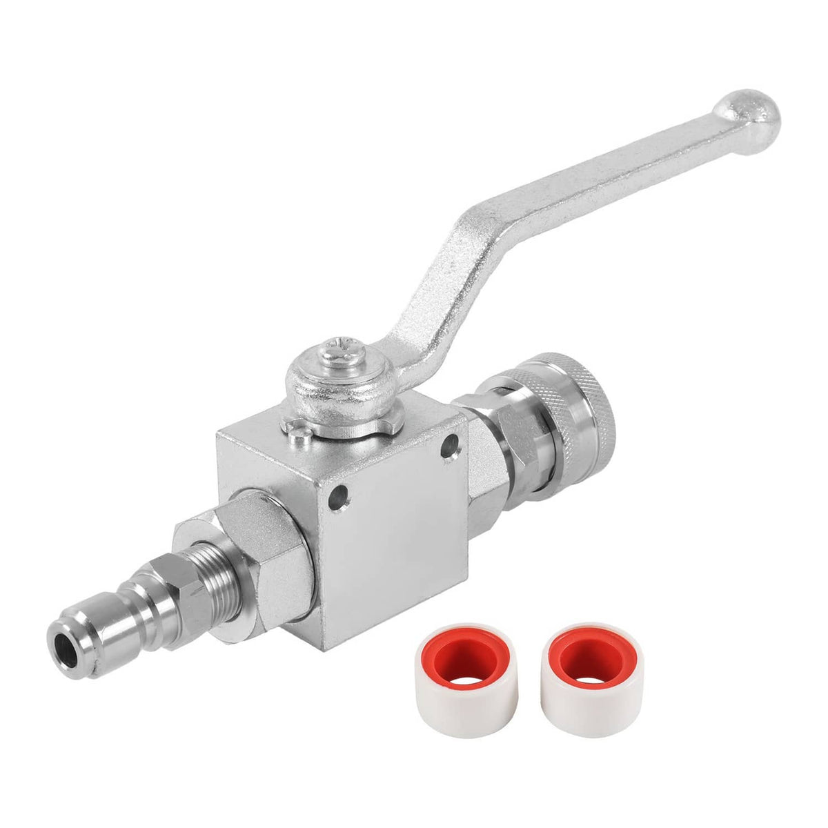 Steel pressure washer ball valve kit with red quick-connect caps and metal lever handle