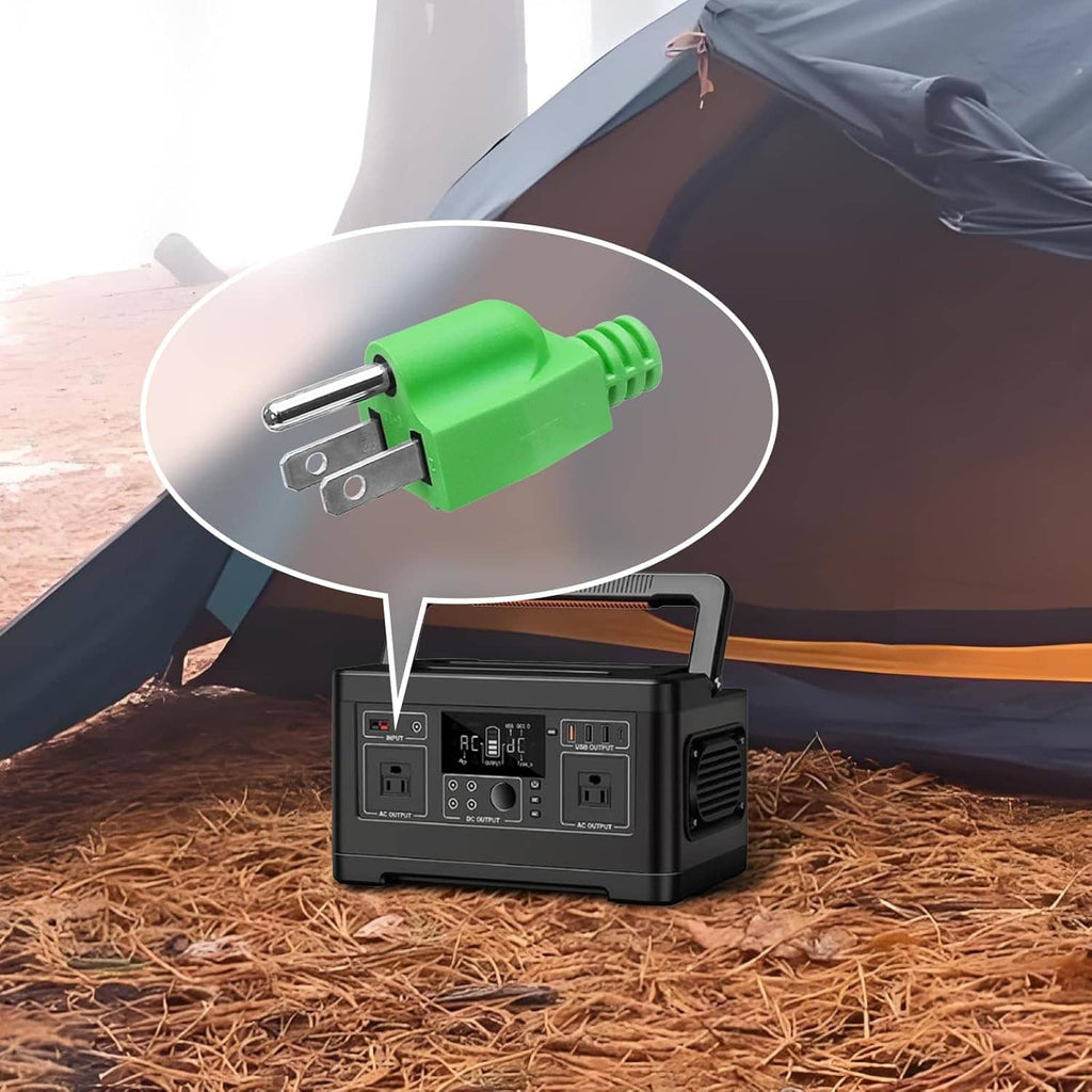 Green grounding plug with metal pins, shown near a generator with power outlets