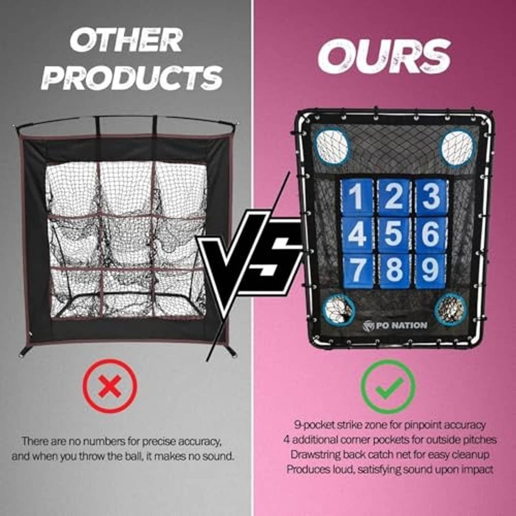 Baseball pitching net with blue 1–9 strike zone target and multiple pocket layout