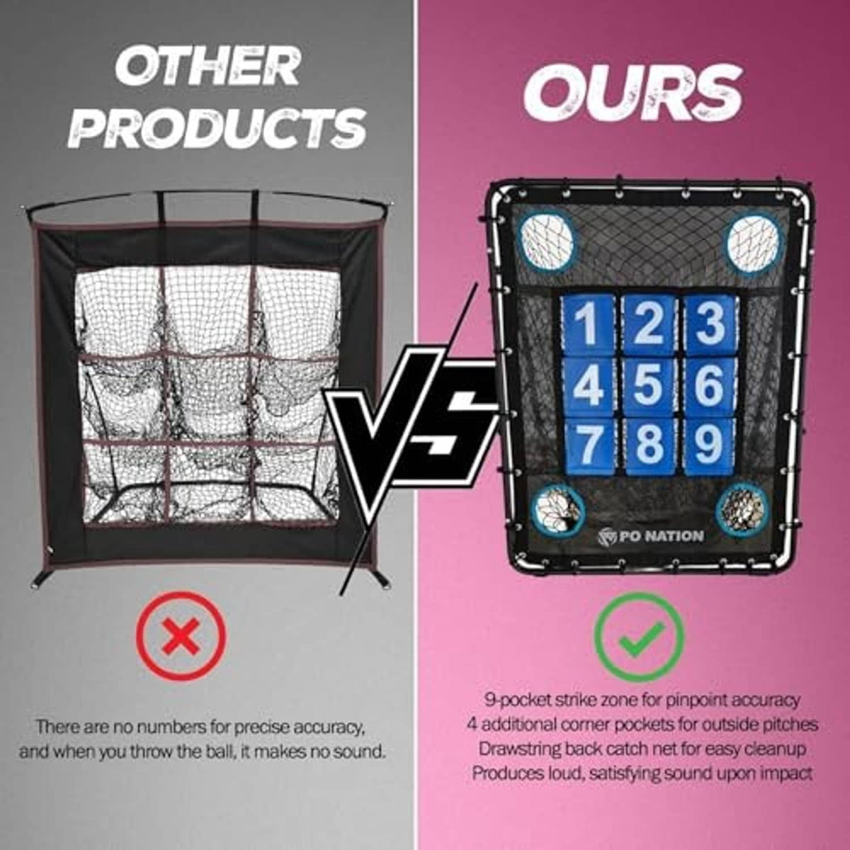 Baseball pitching net with blue 1–9 strike zone target and multiple pocket layout