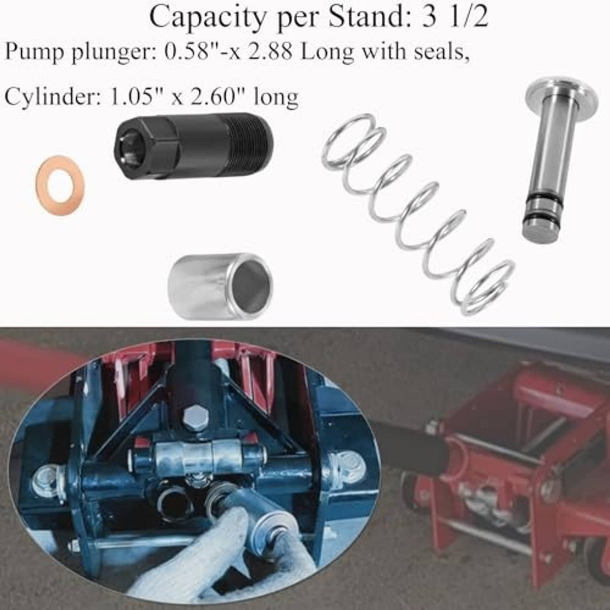 Pump plunger and piston replacement kit with black threaded housing, spring, seals, cylinder