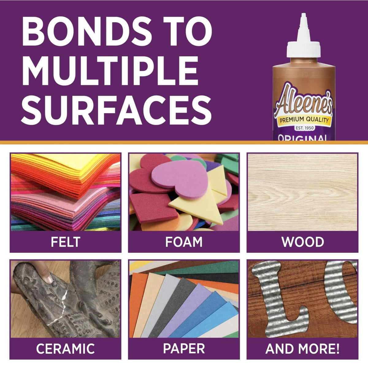Original tacky glue bottle with bonds to multiple surfaces icons for felt, foam, wood