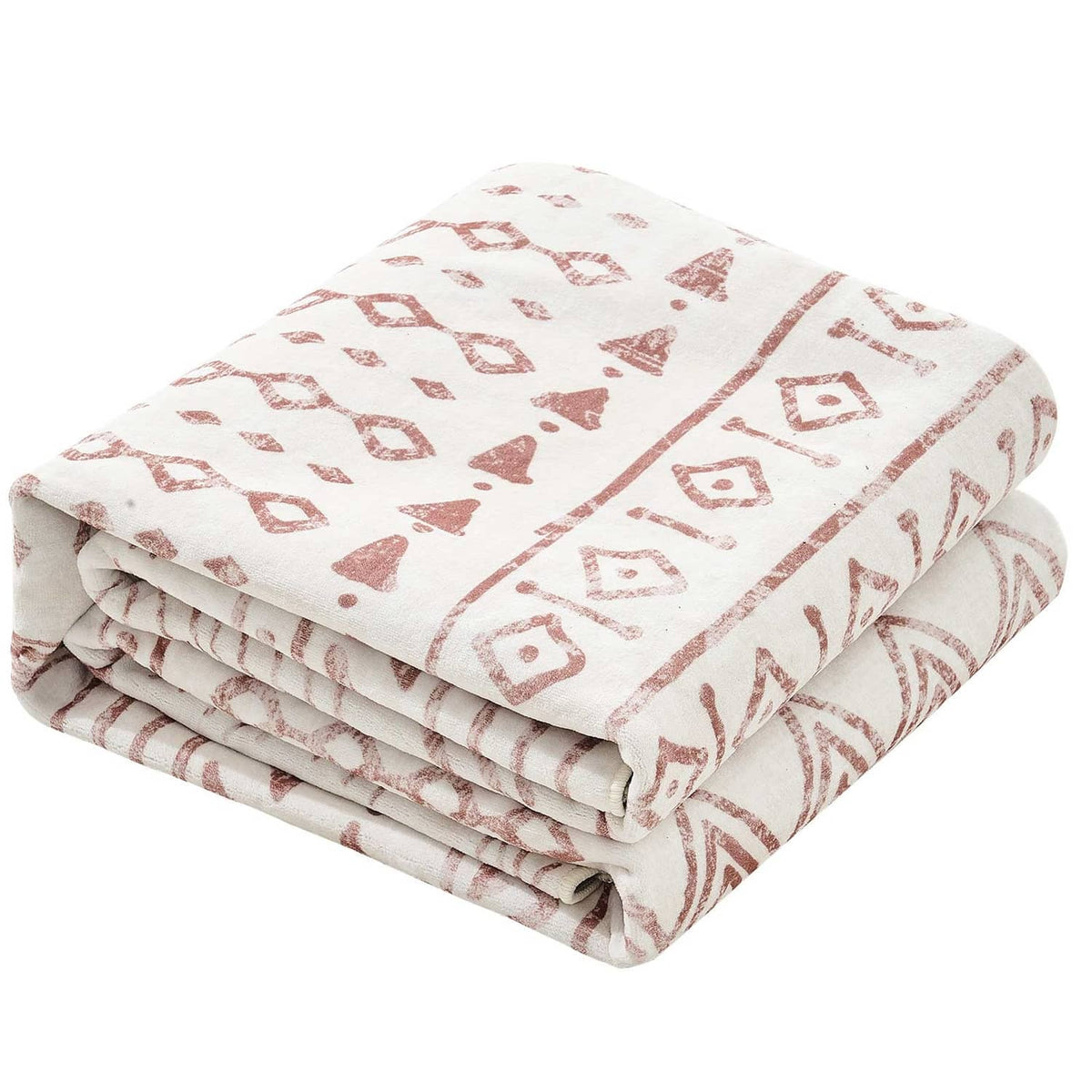 Beige area rug with red geometric pattern, folded edge view
