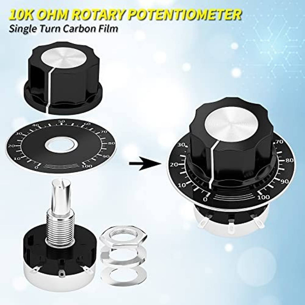 Rotary potentiometer with black knob and graduated dial, plus silver threaded mounting shaft