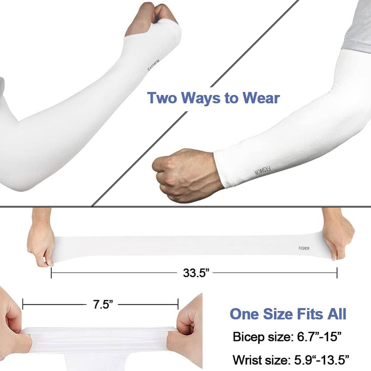 White arm sleeves shown on a measuring guide for bicep and wrist fit