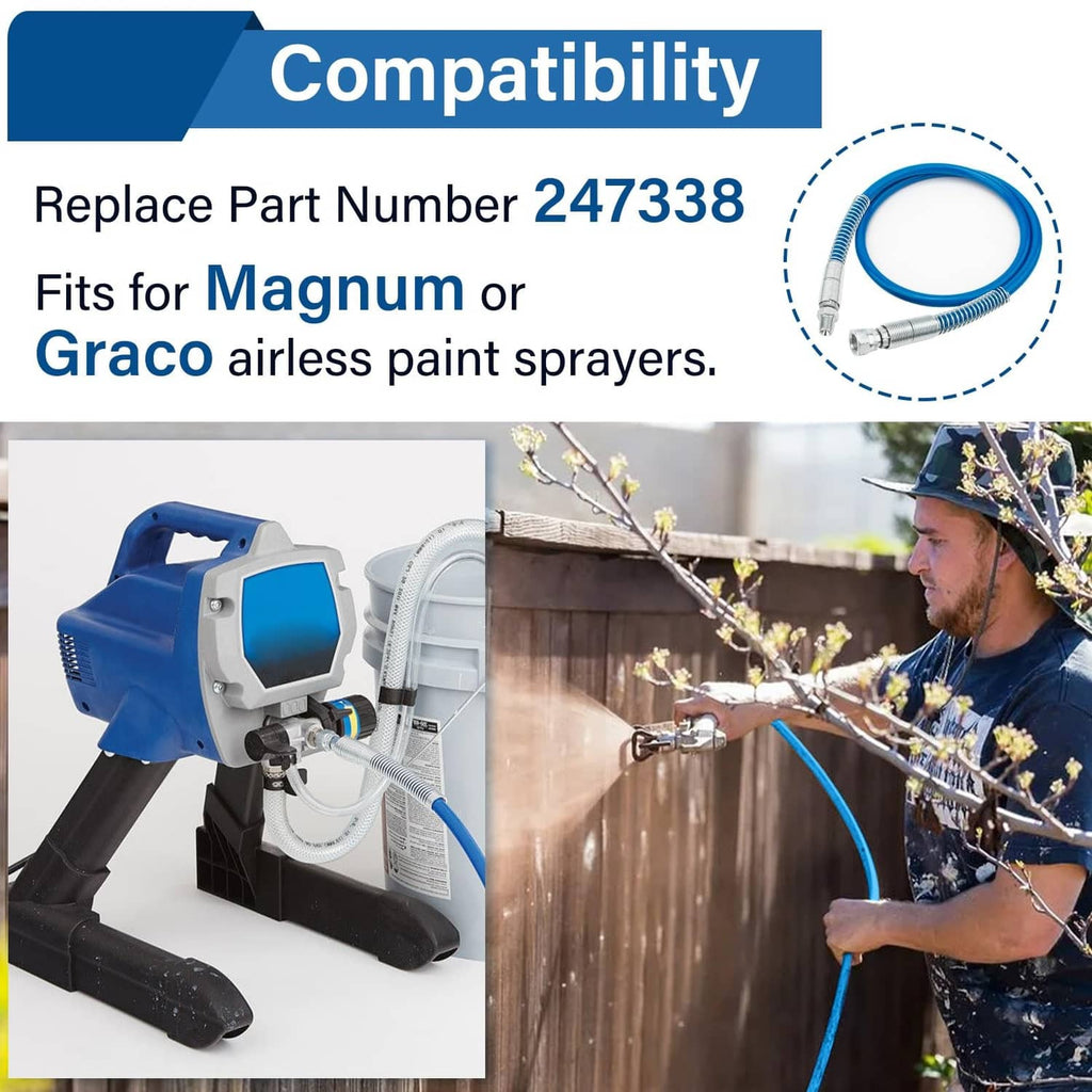 Blue airless whip hose replacement with silver threaded couplings