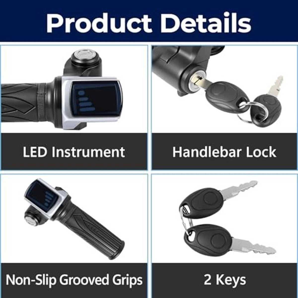Throttle grip set showing LED instrument, non-slip grooved grips, and handlebar lock keys.