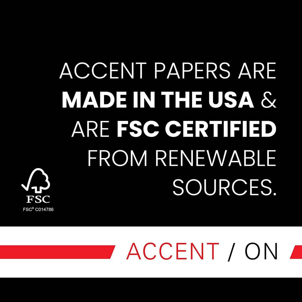 Accent paper banner: made in USA, FSC certified, renewable sources
