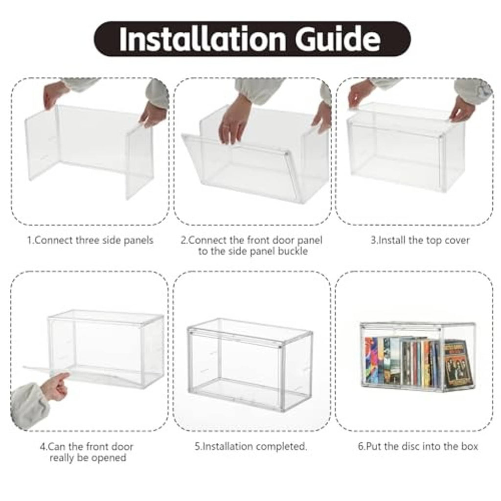 Clear acrylic DVD/CD storage box parts with hinged front door and top cover for assembly.