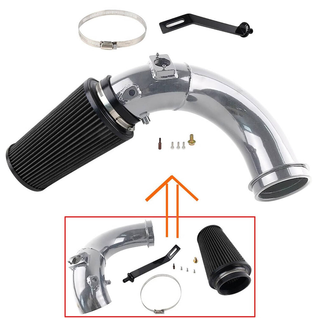 Cold air intake kit components: black cone filter, polished pipe, clamp, and bracket