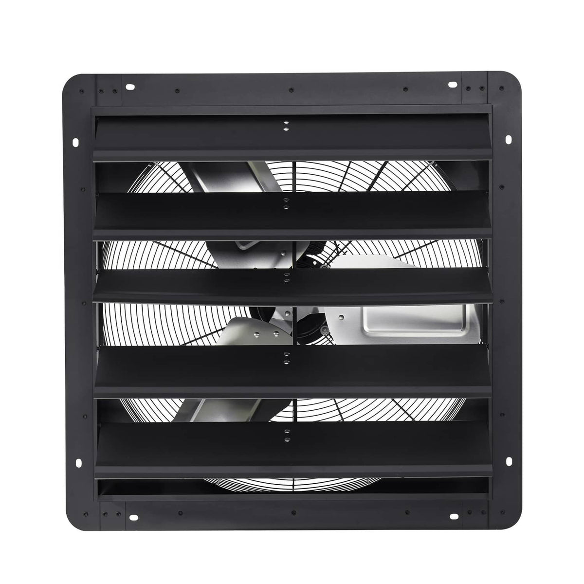 Wall-mounted shutter exhaust fan with louvres open, visible motor and blades