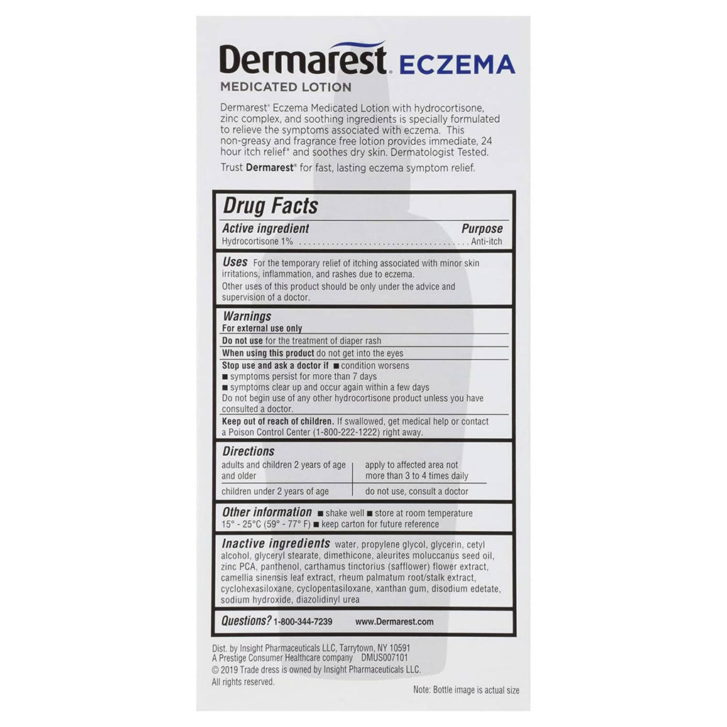 Dermarest Eczema medicated lotion box, back panel with Drug Facts and directions