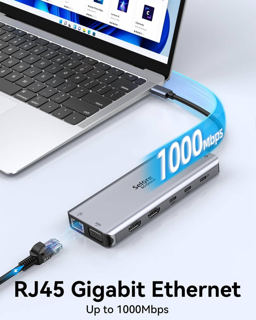 Grey USB-C docking station with RJ45 Gigabit Ethernet port, up to 1000Mbps